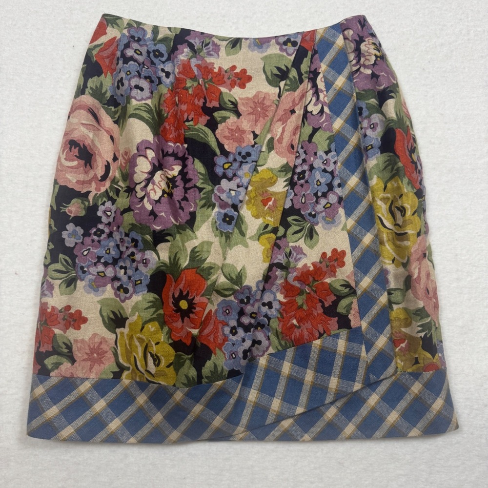 Anne Klein II Vintage Floral Linen Plaid Trim Faux Wrap Skirt Size 6 Multi-Color